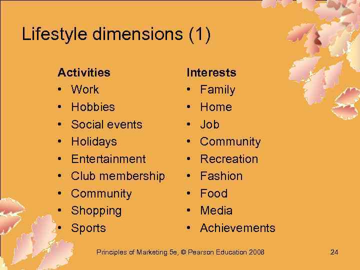 Lifestyle dimensions (1) Activities • Work • Hobbies • Social events • Holidays •