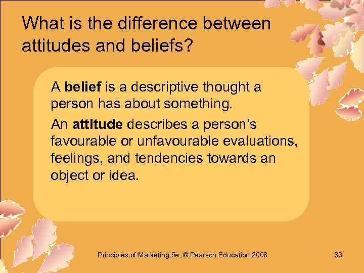 What is the difference between attitudes and beliefs? A belief is a descriptive thought