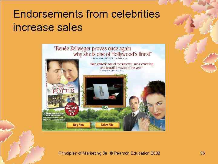 Endorsements from celebrities increase sales Principles of Marketing 5 e, © Pearson Education 2008