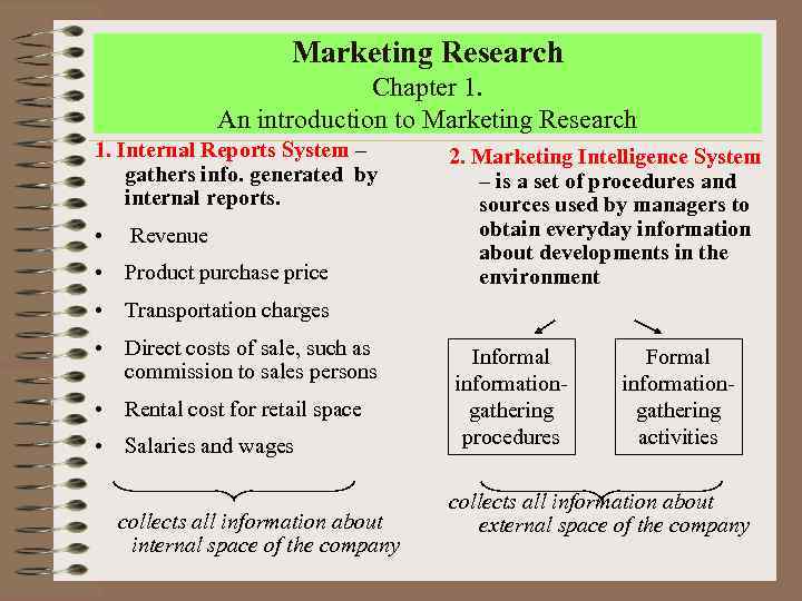 Marketing Research Chapter 1. An introduction to Marketing Research 1. Internal Reports System –