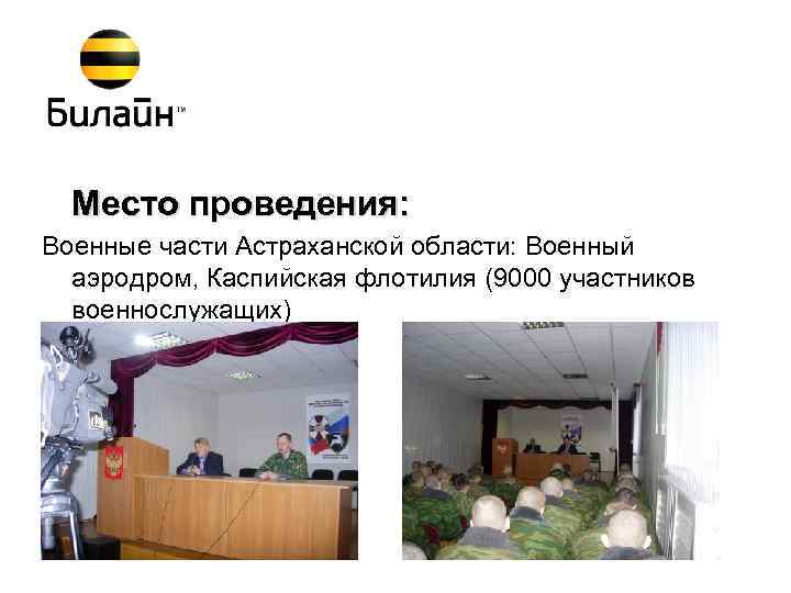 Место проведения: Военные части Астраханской области: Военный аэродром, Каспийская флотилия (9000 участников военнослужащих) 