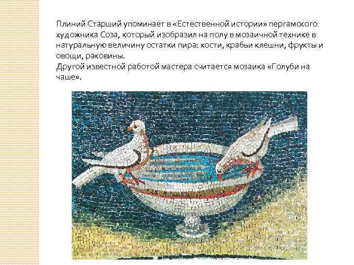 Плиний Старший упоминает в «Естественной истории» пергамского художника Соза, который изобразил на полу в