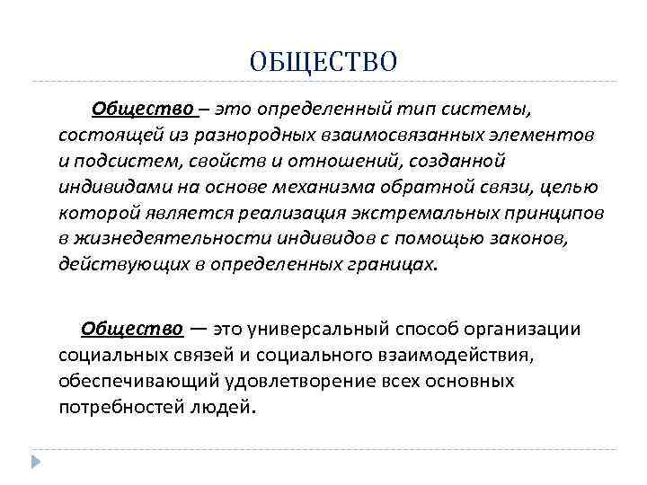 ОБЩЕСТВО Общество – это определенный тип системы, состоящей из разнородных взаимосвязанных элементов и подсистем,