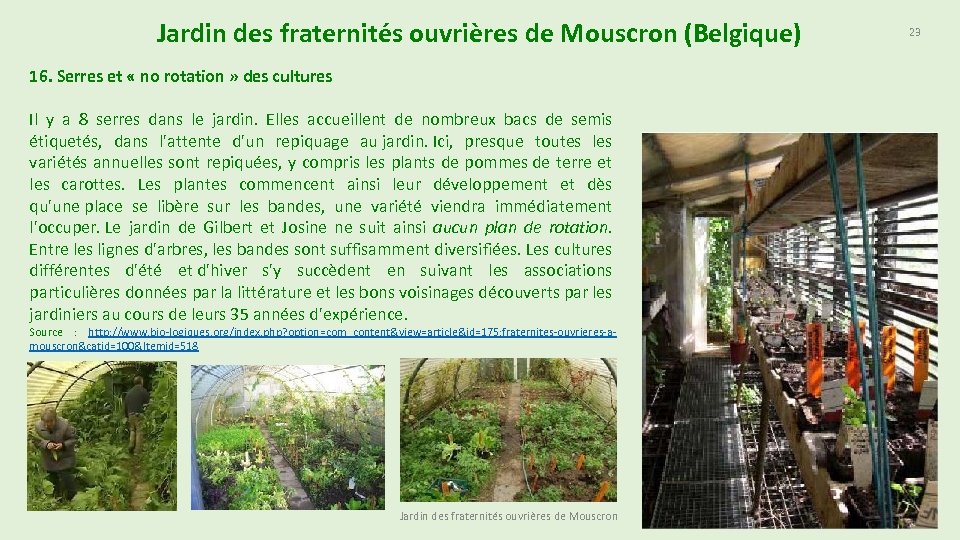Jardin des fraternités ouvrières de Mouscron (Belgique) 16. Serres et « no rotation »