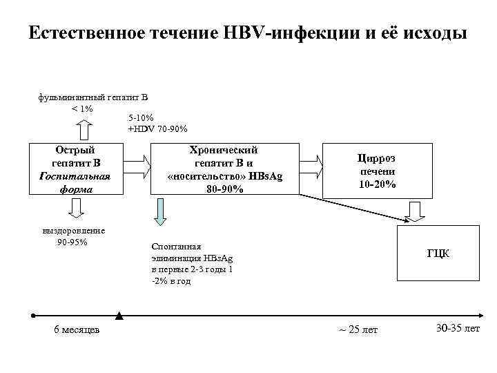Естественное течение HBV-инфекции и её исходы фульминантный гепатит В < 1% 5 -10% +HDV
