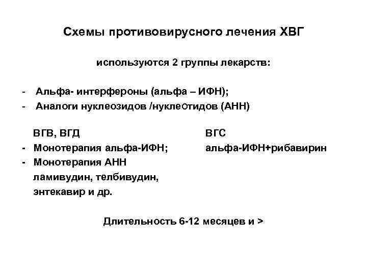 Схемы противовирусного лечения ХВГ используются 2 группы лекарств: - Альфа- интерфероны (aльфа – ИФН);