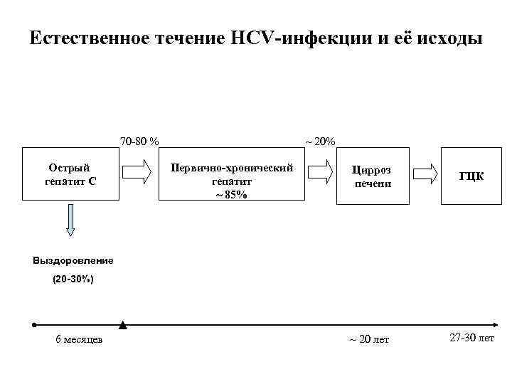 Естественное течение HСV-инфекции и её исходы 70 -80 % Острый гепатит С ~ 20%