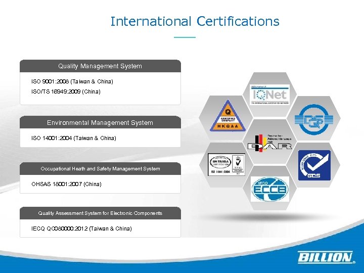 International Certifications Quality Management System ISO 9001: 2008 (Taiwan & China) ISO/TS 16949: 2009