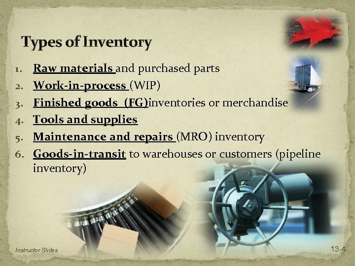 Types of Inventory 1. 2. 3. 4. 5. 6. Raw materials and purchased parts