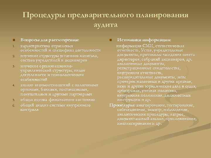 Процедуры предварительного планирования аудита n 1. 2. 3. 4. 5. 6. Вопросы для рассмотрения: