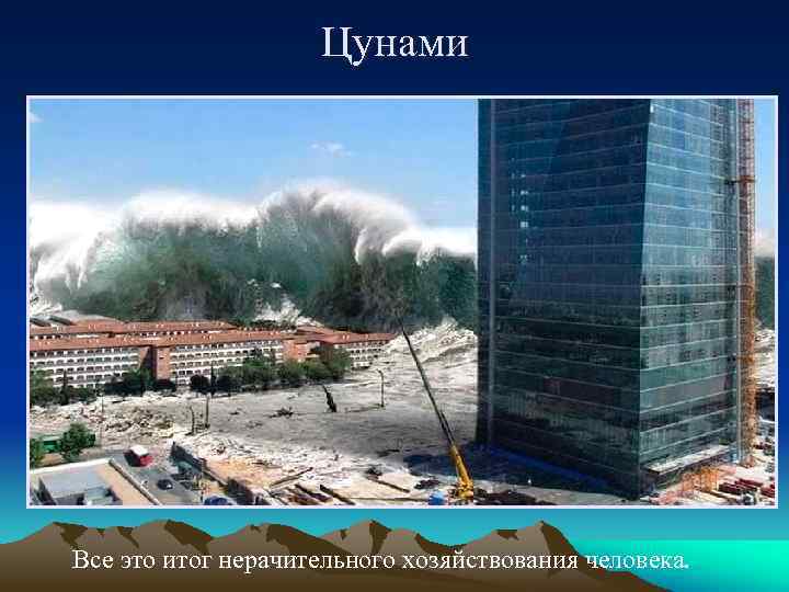Цунами Все это итог нерачительного хозяйствования человека. 