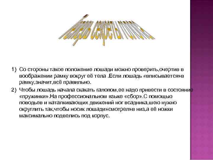 1) Со стороны такое положение лошади можно проверить, очертив в воображении рамку вокруг её