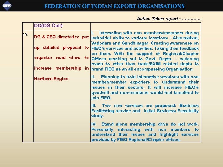 FEDERATION OF INDIAN EXPORT ORGANISATIONS Action Taken report - …………. . DD(DG Cell) 19.