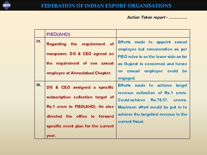 FEDERATION OF INDIAN EXPORT ORGANISATIONS Action Taken report - …………. . FIEO(AHD) 35. Regarding