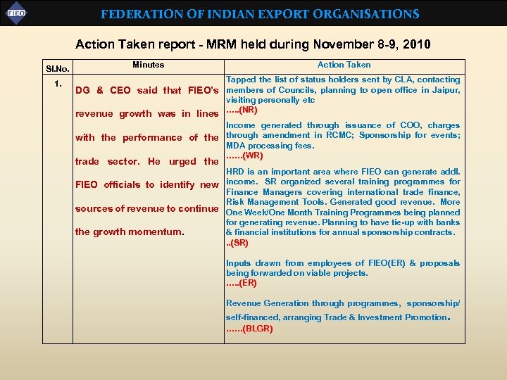 FEDERATION OF INDIAN EXPORT ORGANISATIONS Action Taken report - MRM held during November 8