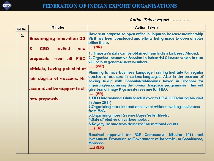 FEDERATION OF INDIAN EXPORT ORGANISATIONS Action Taken report - …………. . Sl. No. 2.