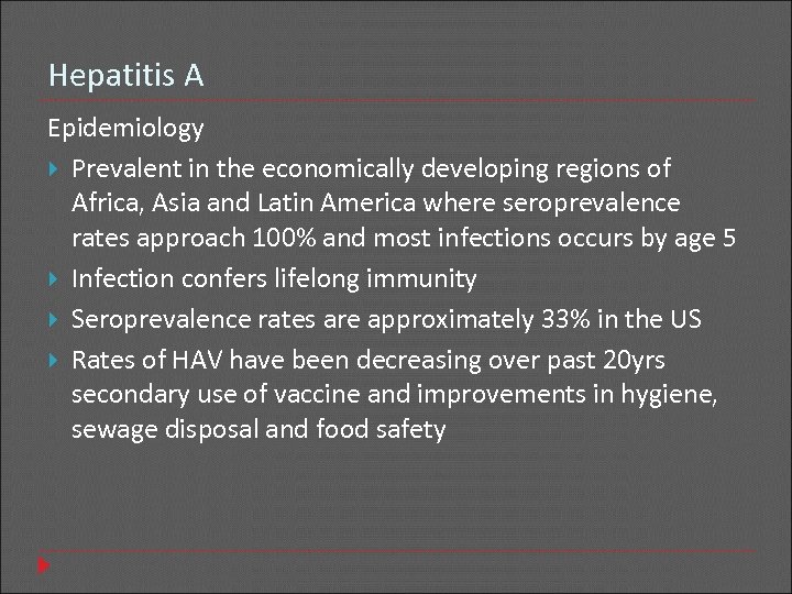 Hepatitis A Epidemiology Prevalent in the economically developing regions of Africa, Asia and Latin