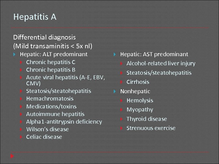 Hepatitis A Differential diagnosis (Mild transaminitis < 5 x nl) Hepatic: ALT predominant Chronic