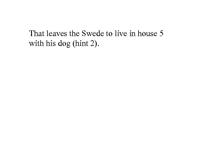 That leaves the Swede to live in house 5 with his dog (hint 2).