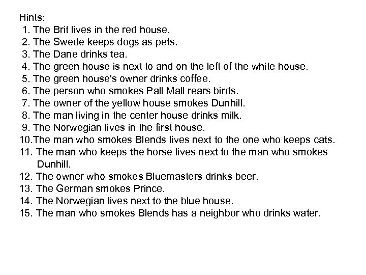 Hints: 1. The Brit lives in the red house. 2. The Swede keeps dogs