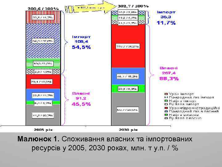 Малюнок 1. Споживання власних та імпортованих ресурсів у 2005, 2030 роках, млн. т у.