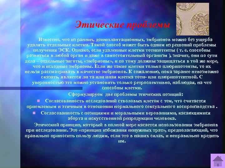 Этические проблемы Известно, что из ранних, доимплантационных, эмбрионов можно без ущерба удалять отдельные клетки.