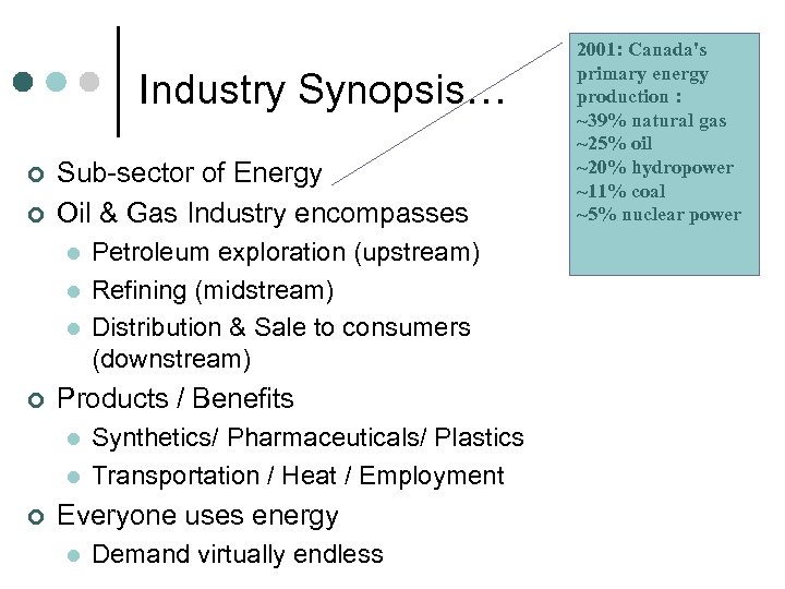 Industry Synopsis… ¢ ¢ Sub-sector of Energy Oil & Gas Industry encompasses l l