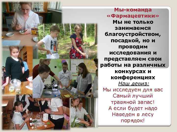 Мы-команда «Фармацевтики» Мы не только занимаемся благоустройством, посадкой, но и проводим исследования и представляем