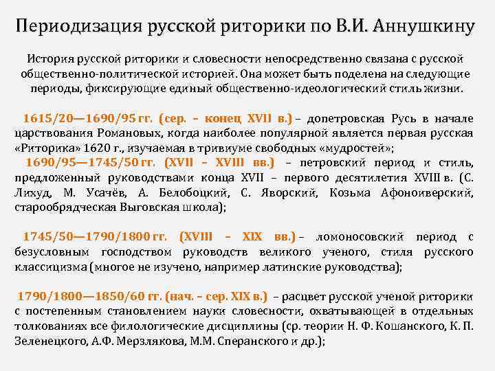 Периодизация русской риторики по В. И. Аннушкину История русской риторики и словесности непосредственно связана