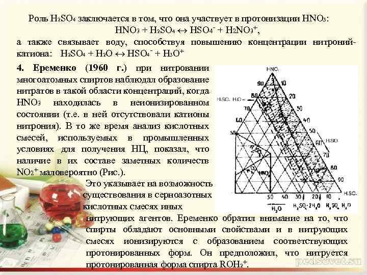 Роль H 2 SO 4 заключается в том, что она участвует в протонизации HNO