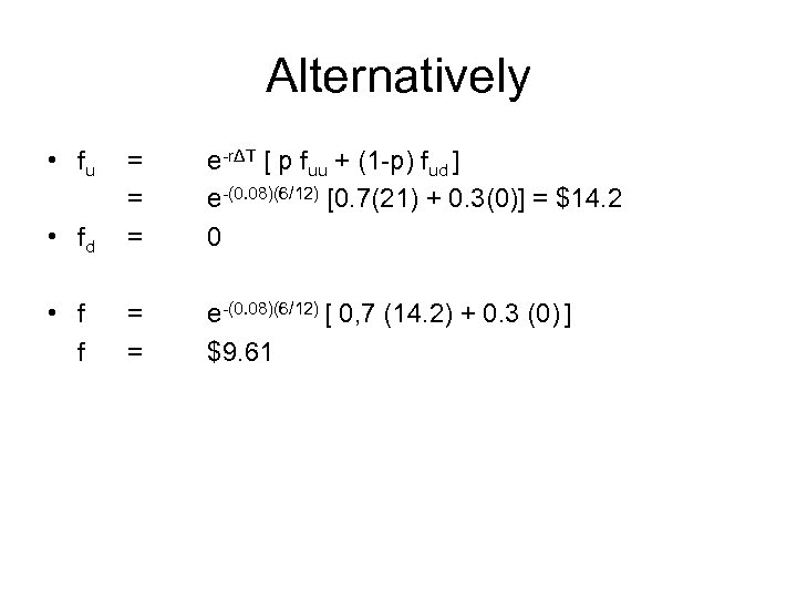 Alternatively • fu • fd = = = e-rΔT [ p fuu + (1