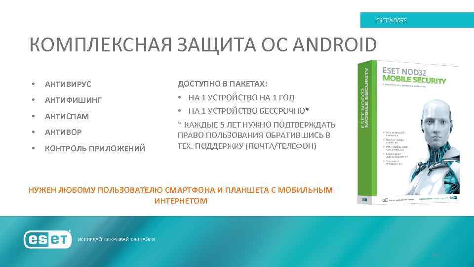 ESET NOD 32 КОМПЛЕКСНАЯ ЗАЩИТА ОС ANDROID • АНТИВИРУС ДОСТУПНО В ПАКЕТАХ: • АНТИФИШИНГ