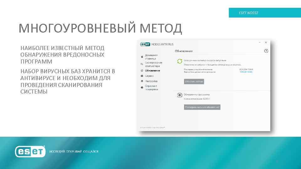 ESET NOD 32 МНОГОУРОВНЕВЫЙ МЕТОД НАИБОЛЕЕ ИЗВЕСТНЫЙ МЕТОД ОБНАРУЖЕНИЯ ВРЕДОНОСНЫХ ПРОГРАММ НАБОР ВИРУСНЫХ БАЗ