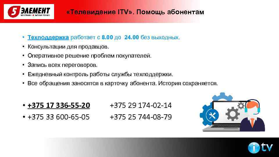  «Телевидение ITV» . Помощь абонентам • Техподдержка работает с 8. 00 до 24.