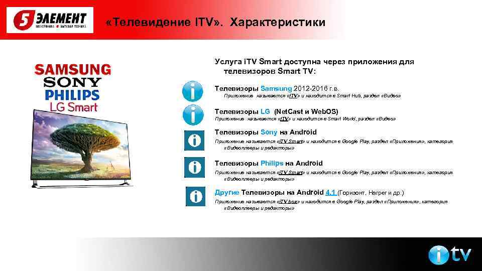  «Телевидение ITV» . Характеристики Услуга i. TV Smart доступна через приложения для телевизоров