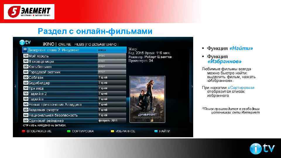 Раздел с онлайн-фильмами • Функция «Найти» • Функция «Избранное» Любимые фильмы всегда можно быстро