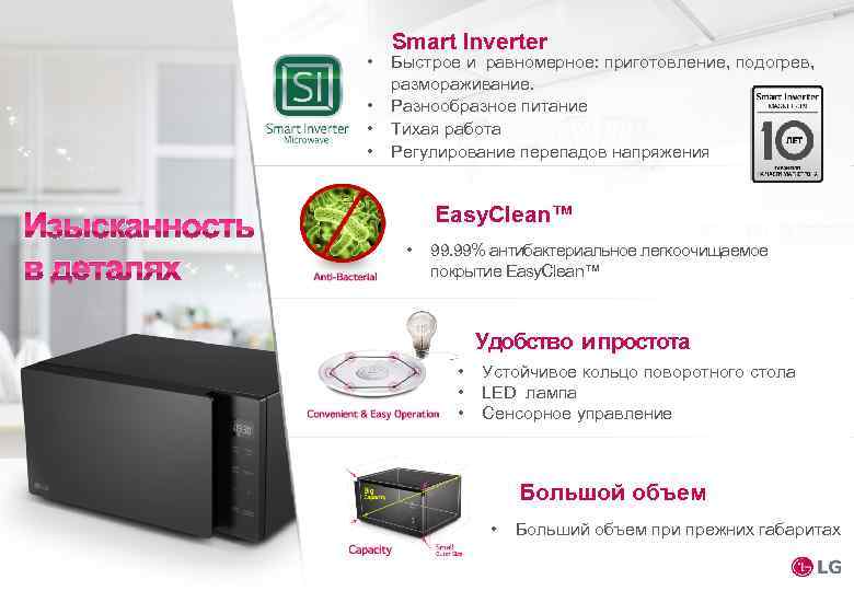  • • Smart Inverter Быстрое и равномерное: приготовление, подогрев, размораживание. Разнообразное питание Тихая