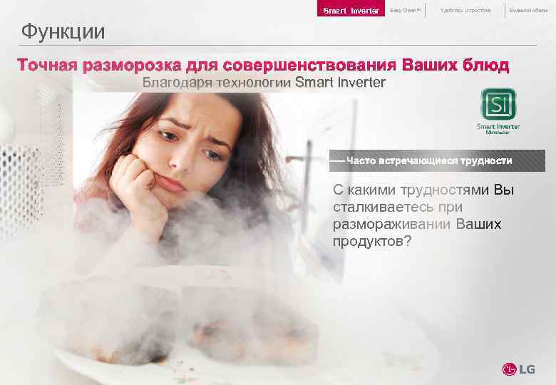 Smart Inverter Easy Clean™ Удобство и простота Большой объем Функции Точная разморозка для совершенствования
