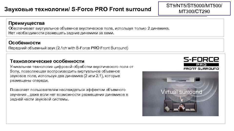 Звуковые технологии/ S-Force PRO Front surround ST 9/NT 5/ST 5000/MT 500/ MT 300/CT 290