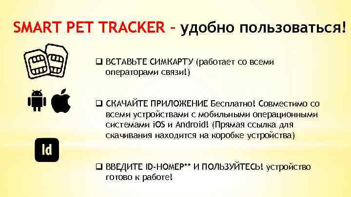 SMART PET TRACKER – удобно пользоваться! q ВСТАВЬТЕ СИМКАРТУ (работает со всеми операторами связи!)