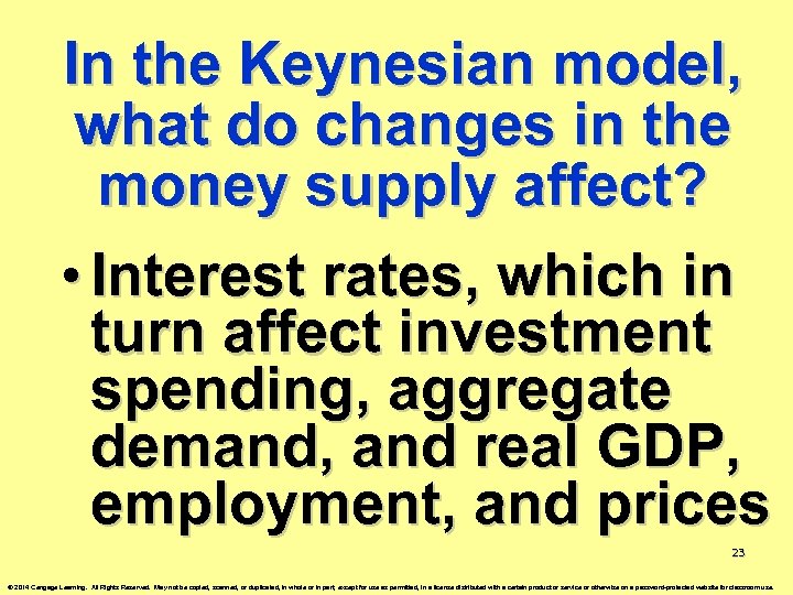 In the Keynesian model, what do changes in the money supply affect? • Interest