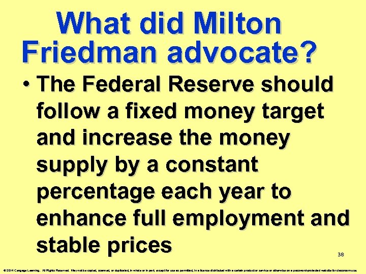 What did Milton Friedman advocate? • The Federal Reserve should follow a fixed money