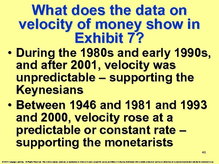 What does the data on velocity of money show in Exhibit 7? • During