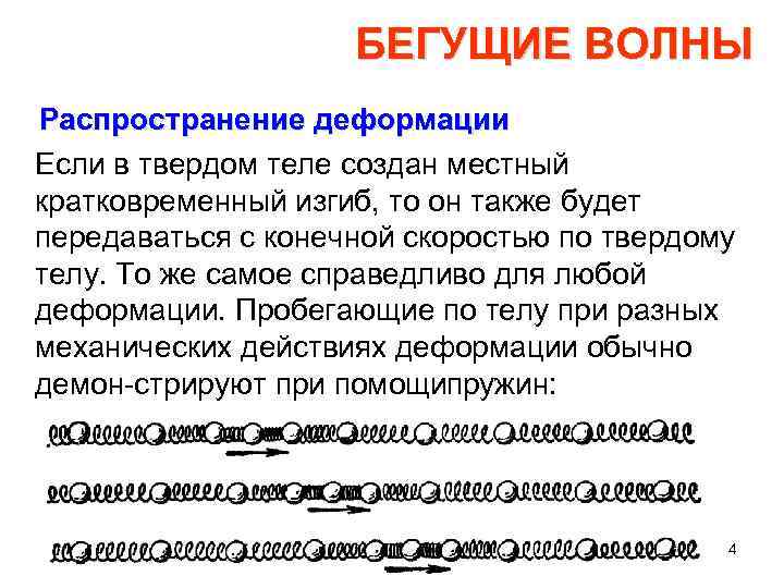 БЕГУЩИЕ ВОЛНЫ Распространение деформации Если в твердом теле создан местный кратковременный изгиб, то он