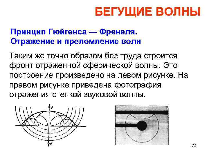 БЕГУЩИЕ ВОЛНЫ Принцип Гюйгенса — Френеля. Отражение и преломление волн Таким же точно образом