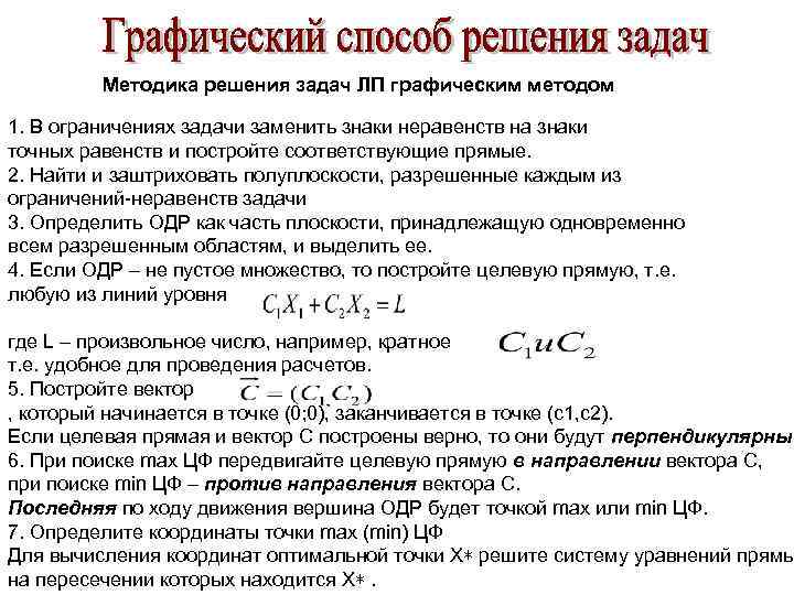 Методика решения задач ЛП графическим методом 1. В ограничениях задачи заменить знаки неравенств на