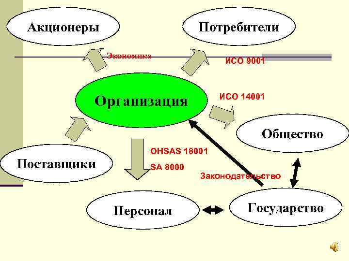 Акционеры Потребители Экономика ИСО 9001 ИСО 14001 Организация Общество OHSAS 18001 Поставщики SA 8000