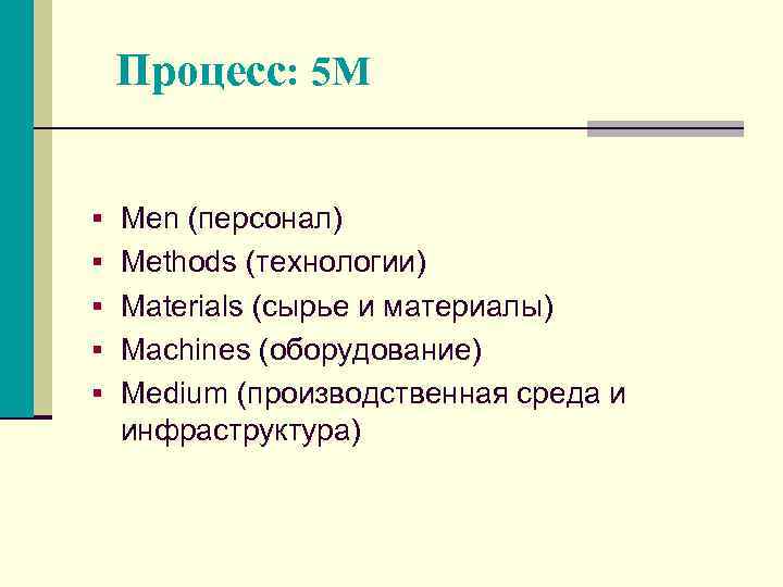 Процесс: 5 M § Men (персонал) § Methods (технологии) § Materials (сырье и материалы)