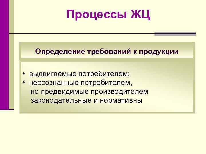 Процессы ЖЦ Определение требований к продукции • выдвигаемые потребителем; • неосознанные потребителем, но предвидимые