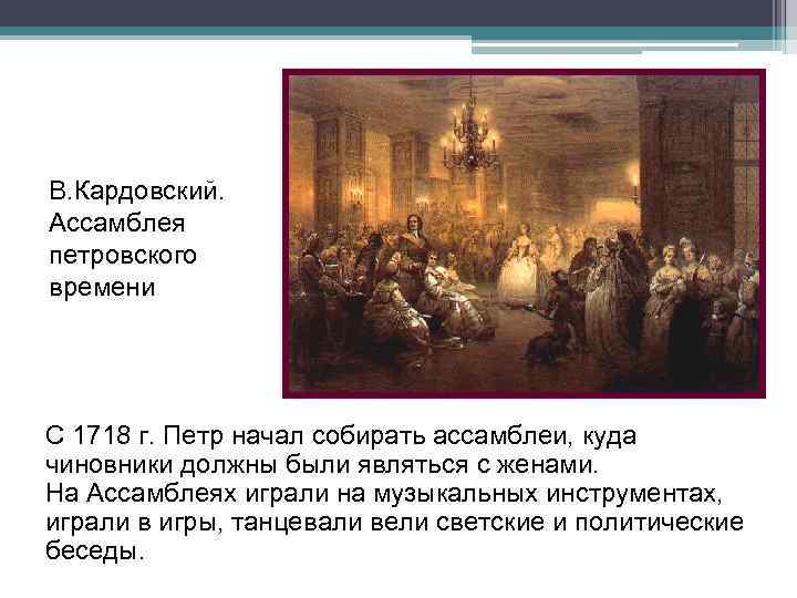 В. Кардовский. Ассамблея петровского времени. С 1718 г. Петр начал собирать ассамблеи, куда чиновники